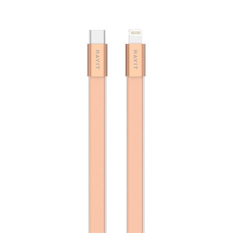 HAVIT 4.99mm ultra-thin USB-C to Lightning cable in rose gold color with flat design.