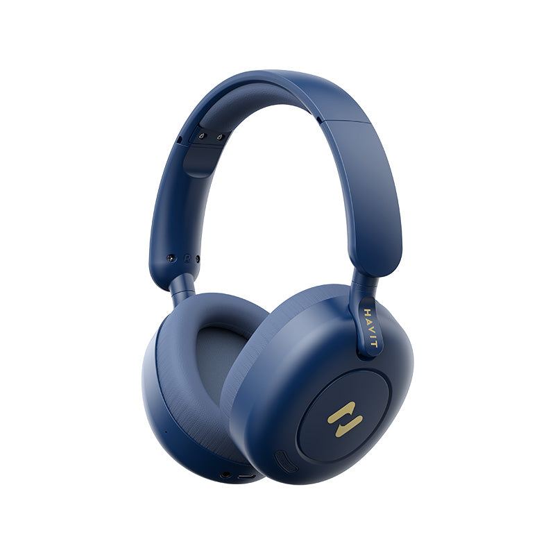 Havit H655BT low latency wireless headphones in navy blue with cushioned ear cups and adjustable headband