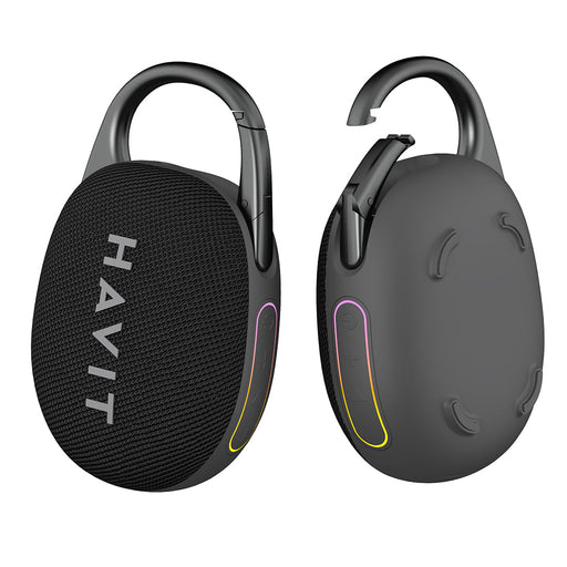 SK830BT Speaker with sleek black design and carrying clip.