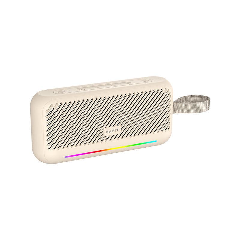 HAVIT SK877BT Portable wireless speaker in beige with RGB light strip and carrying strap